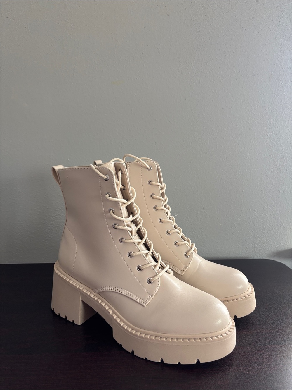 Lace-Up Platform Combat Boots in Cream